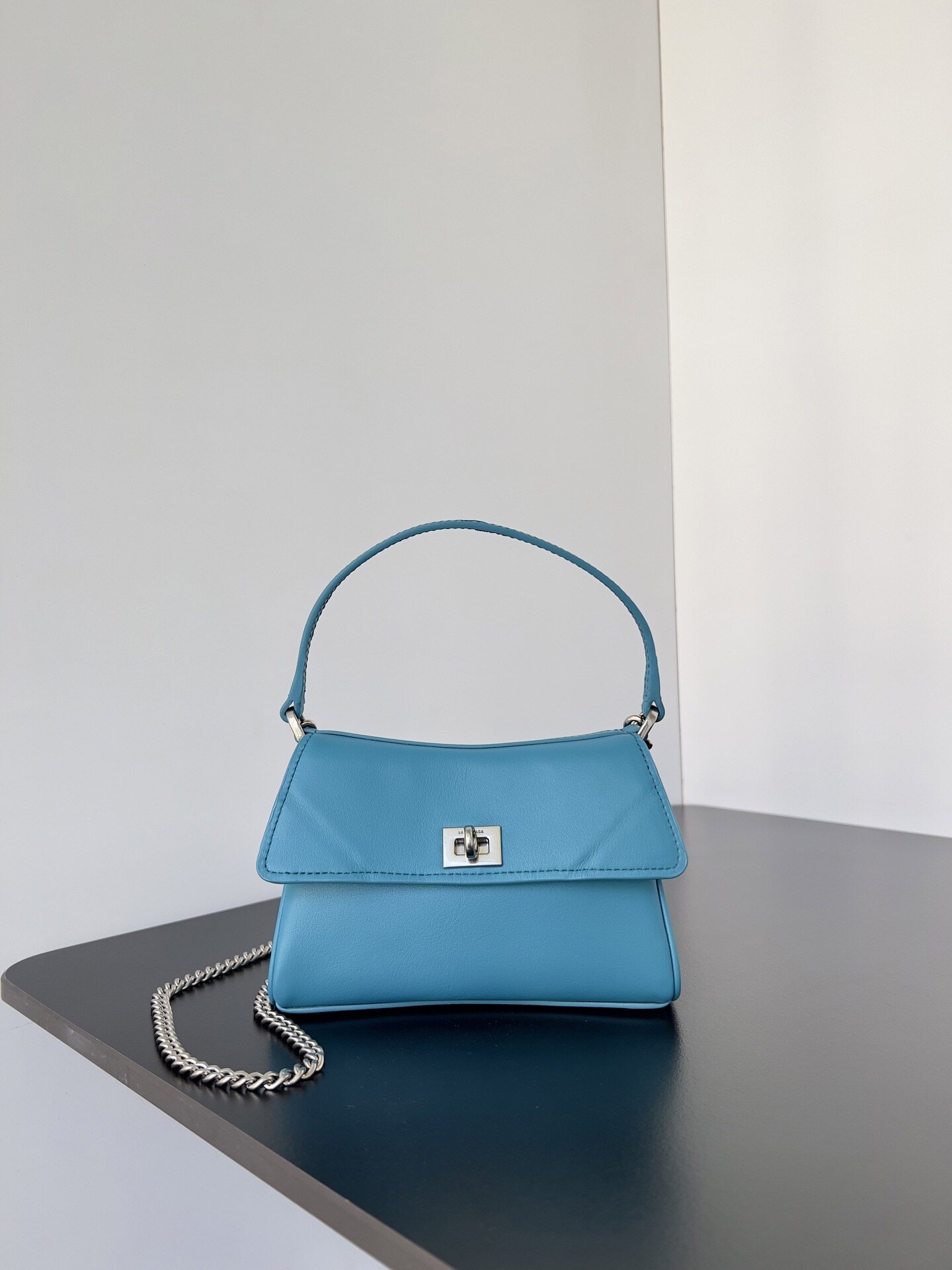 Balenciaga Lake Blue Smooth Leather Flap Lock Handle Chain Crossbody Mini Bag