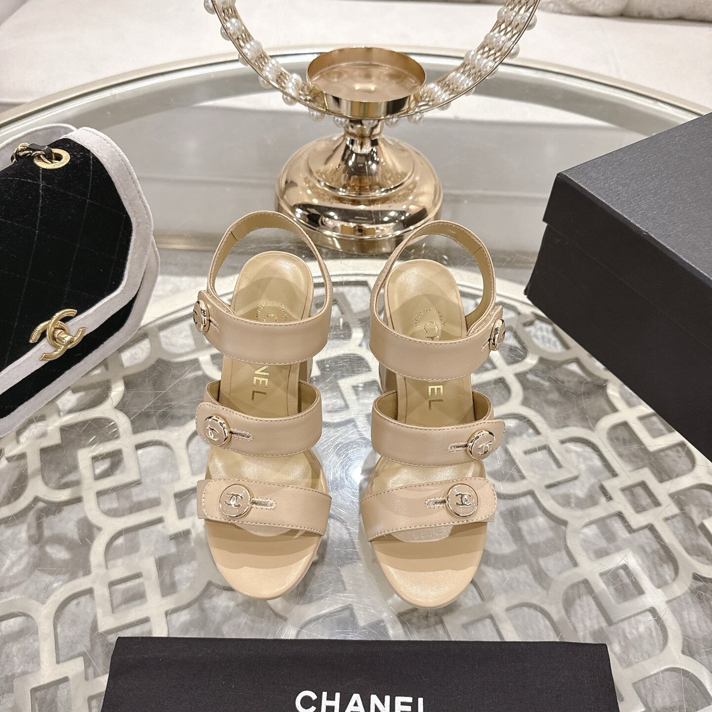 Chanel Nude Lambskin Triple CC Button Platform Block Heel Ankle Strap Sandals