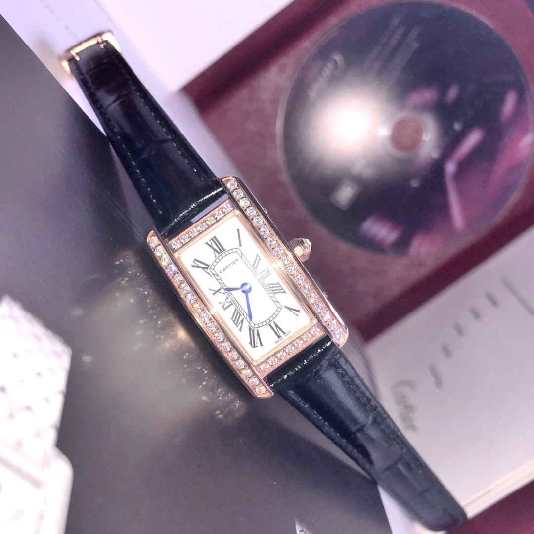 Cartier Cartier Tank Rose Gold Diamond Bezel Roman Dial Black Alligator Ladies Quartz Watch