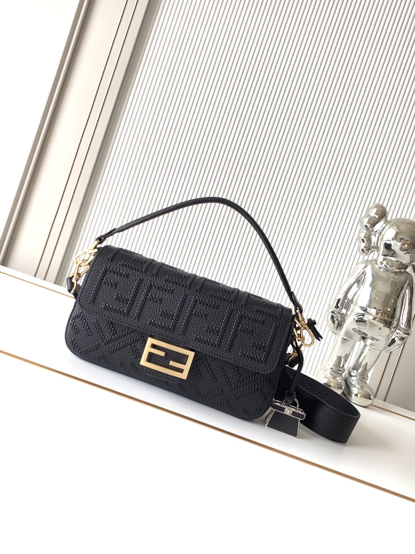 Fendi FF Embossed Leather Baguette Bag Black With Wide Strap