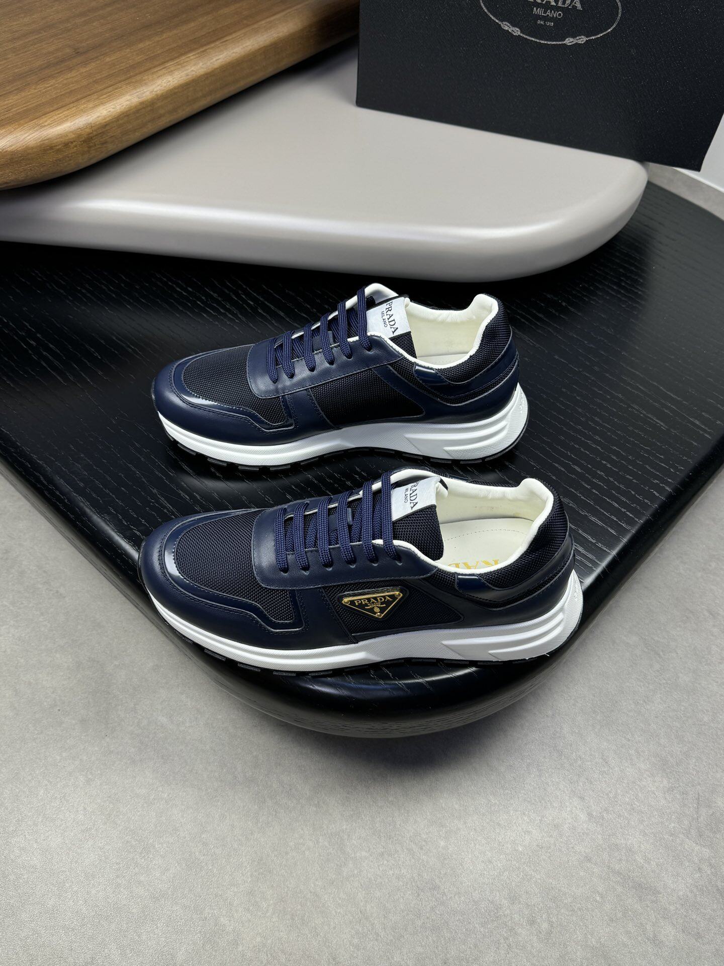 Prada Navy Mesh & Smooth Leather Gold Triangle Logo Low Top Platform Sneakers
