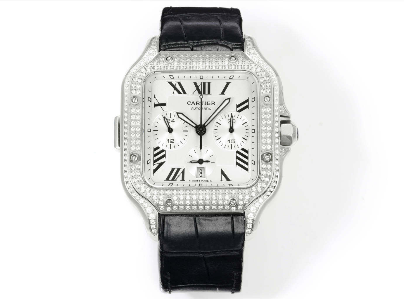 Cartier Cartier Santos Chronograph Diamond Bezel Black Alligator Leather Automatic Watch