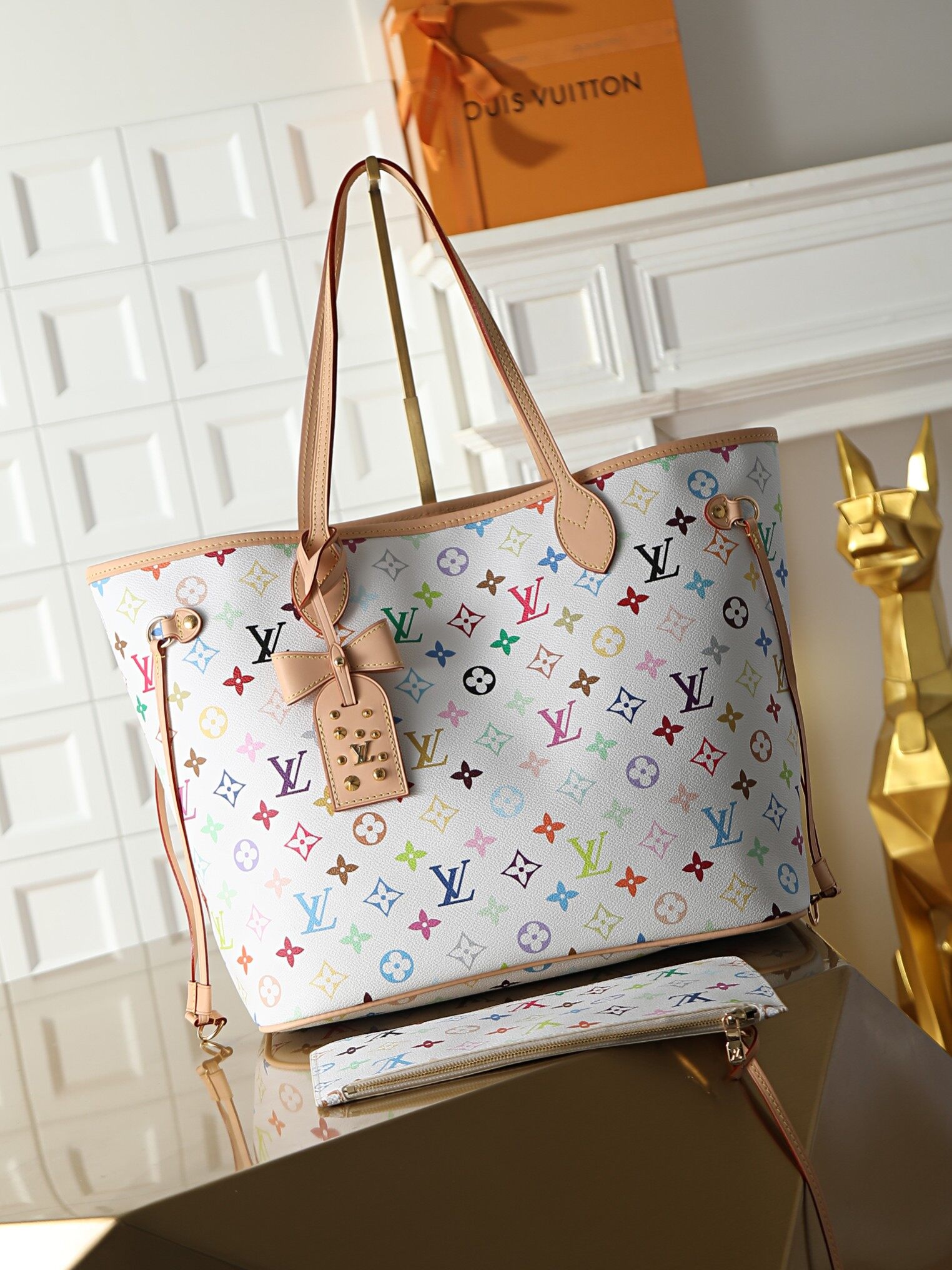 Louis Vuitton Louis Vuitton White Multicolore Neverfull MM Tote Bag with Pouch