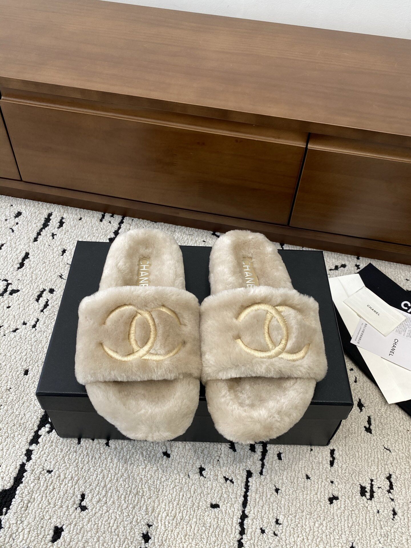Chanel Light Apricot Fluffy Fur Embroidered Gold CC Open Toe Slide Slippers