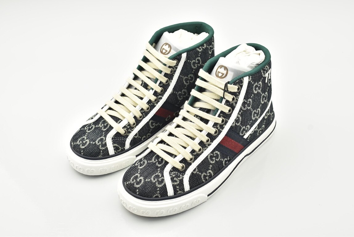 Gucci Black Denim GG Monogram Web Stripe Vintage High Top Canvas Sneakers