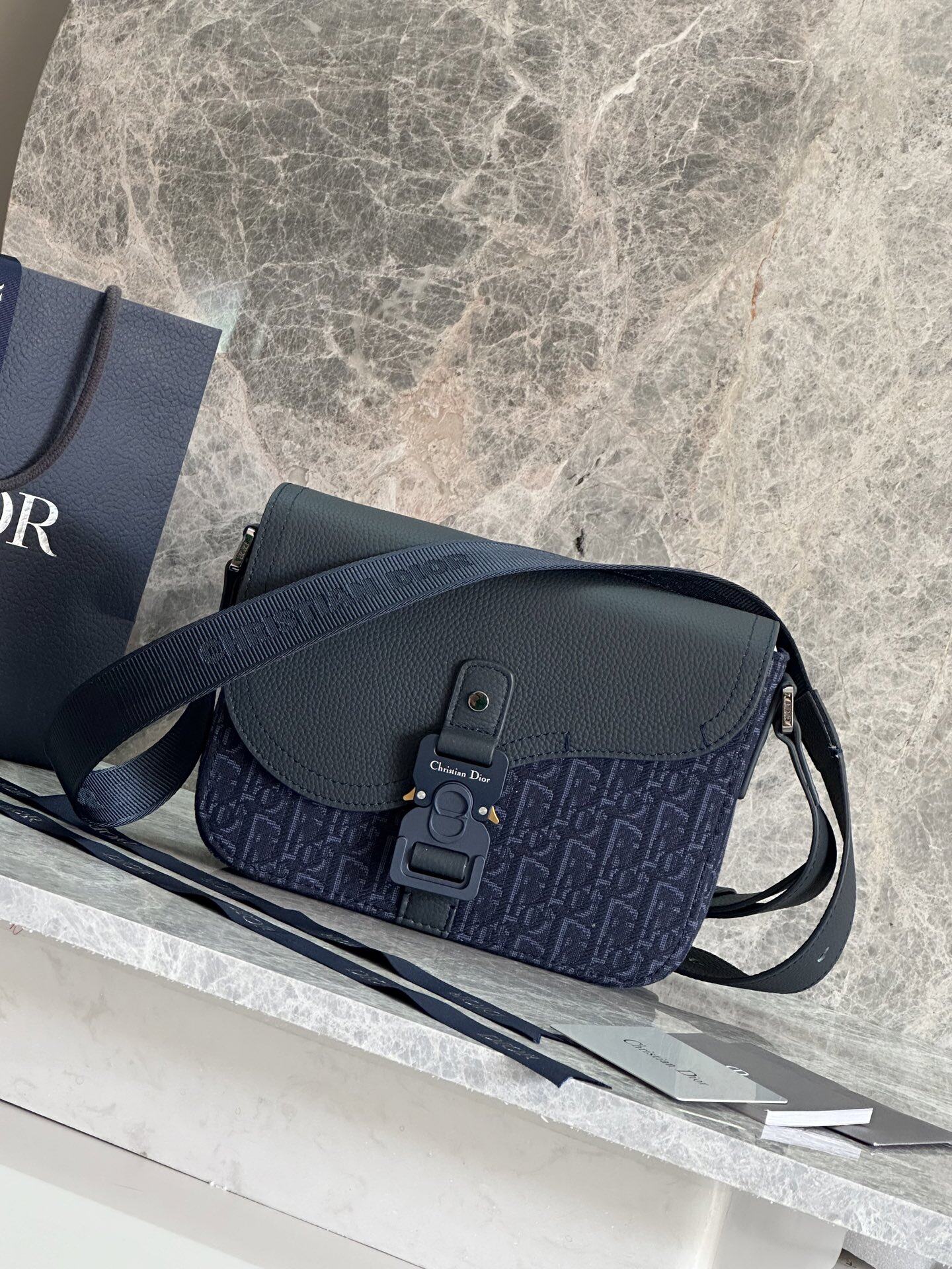 Dior Dior Navy Oblique Jacquard & Leather Flap Messenger Crossbody Bag