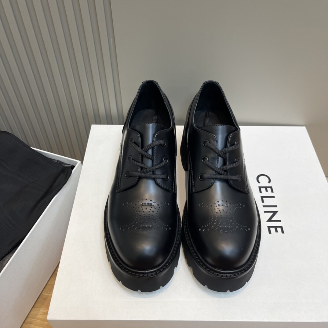 Celine  Black Smooth Leather Triomphe Perforated Lug Sole Lace-Up Derby Shoes