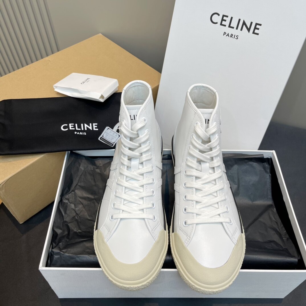 Celine White Leather Gum Toe Cap Lace-Up High Top Flat Sneakers