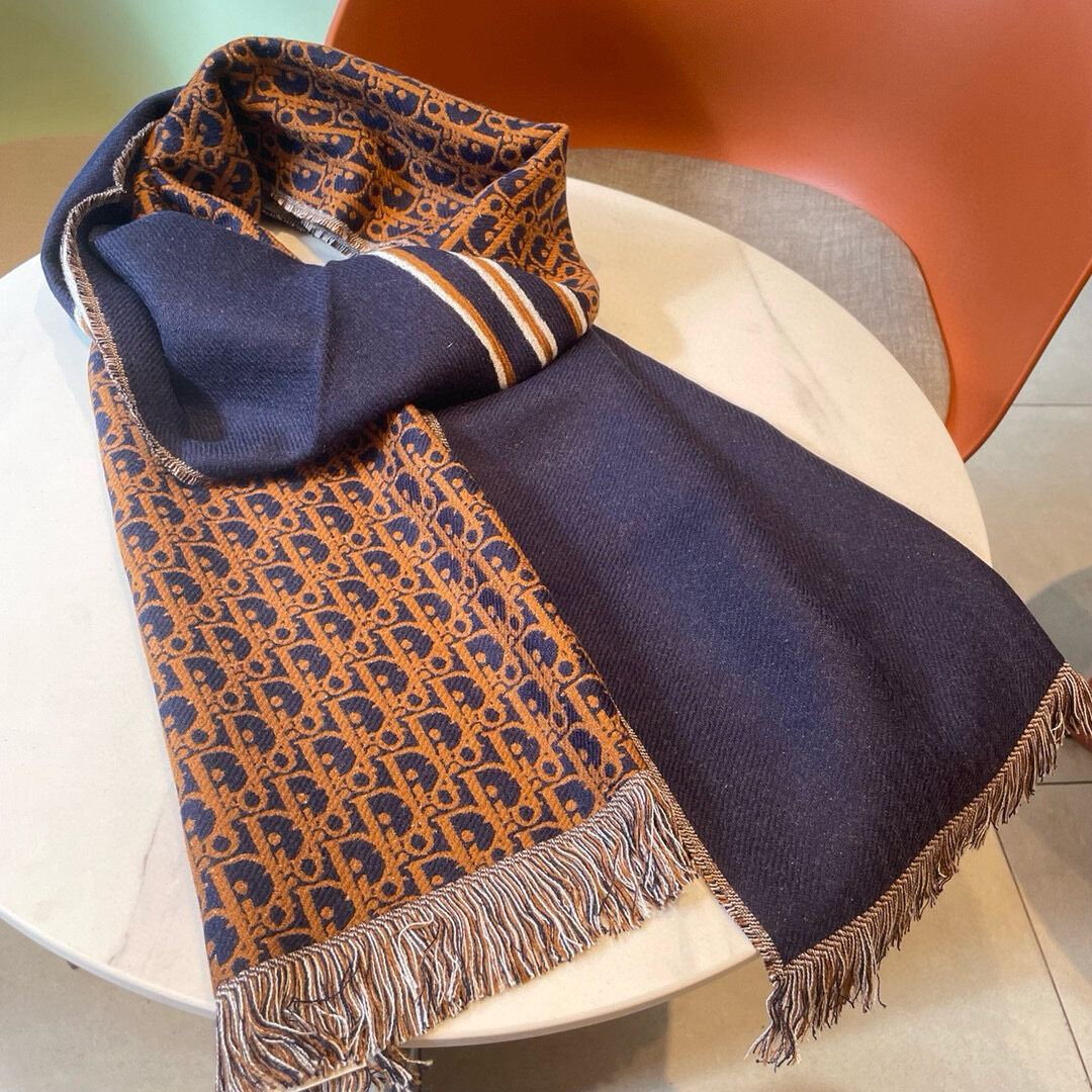Dior Dior Navy‑Brown Oblique Double‑Sided Tassel Scarf