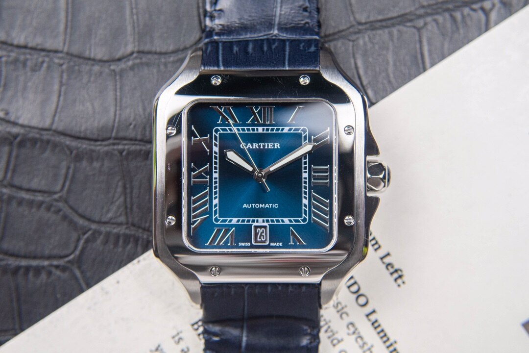 Cartier Cartier Santos Steel Blue Dial Dark Blue Alligator Leather Automatic Watch