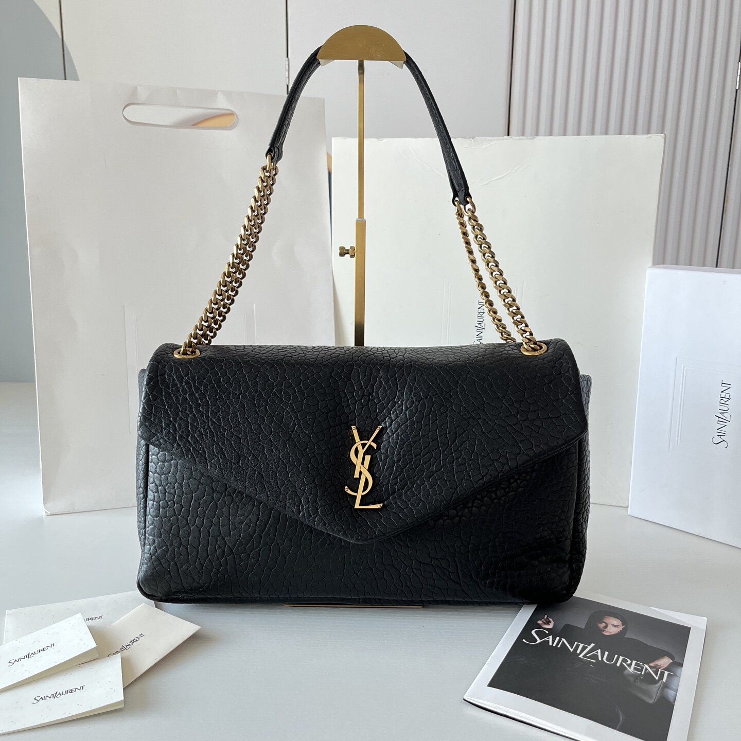 Saint Laurent Saint Laurent Black Bubble Leather Gold Logo Flap Chain Shoulder Bag