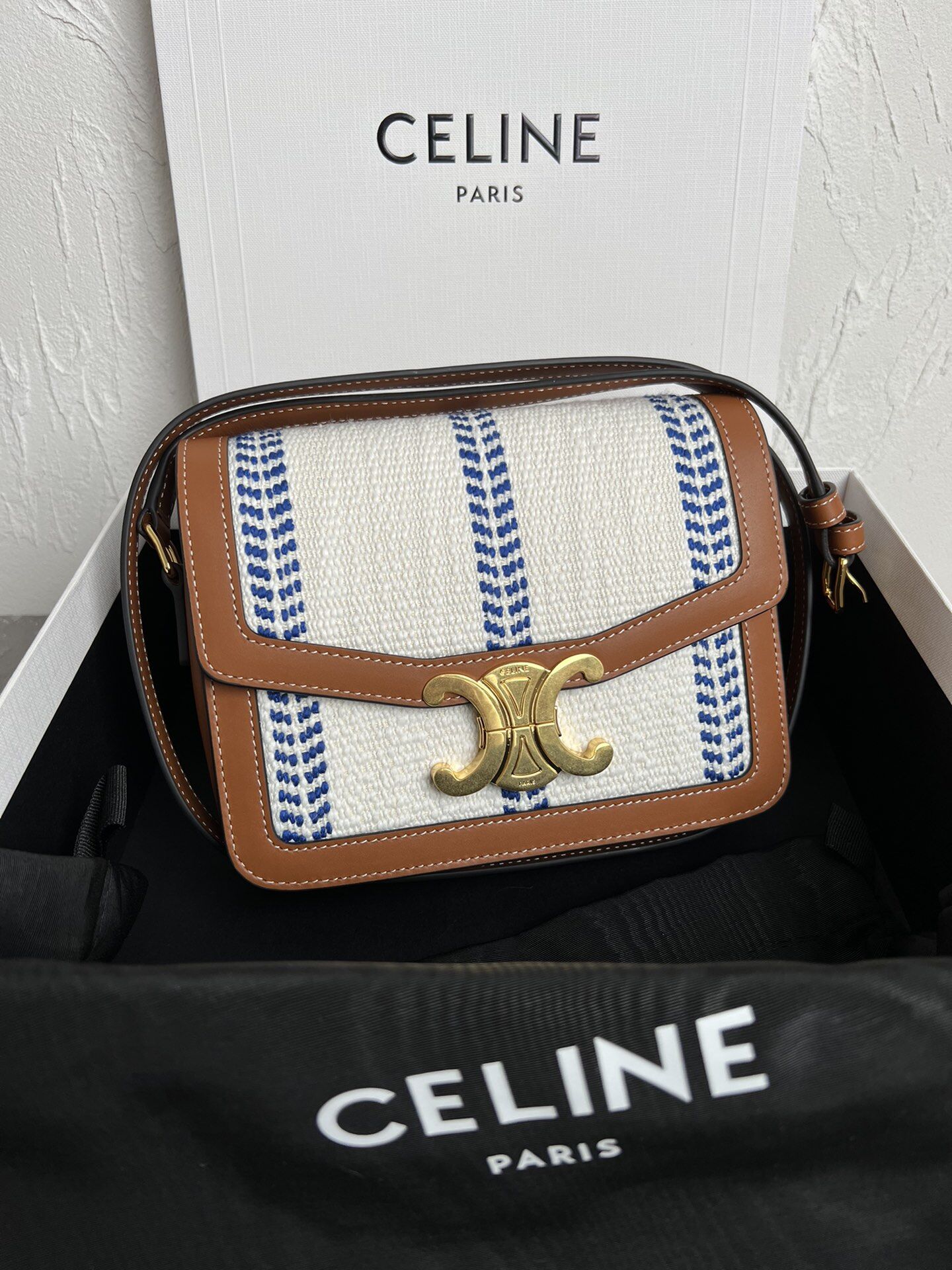Celine Blue White Stripe Fabric & Leather Triomphe Flap Crossbody Bag