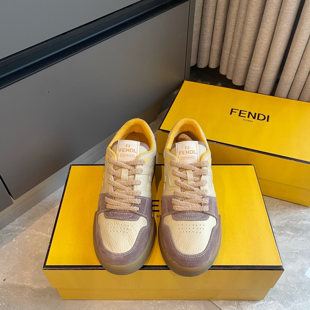 Fendi Cream Pebbled Leather Mauve Suede Fuzzy Lace Gum Sole Casual Sneakers