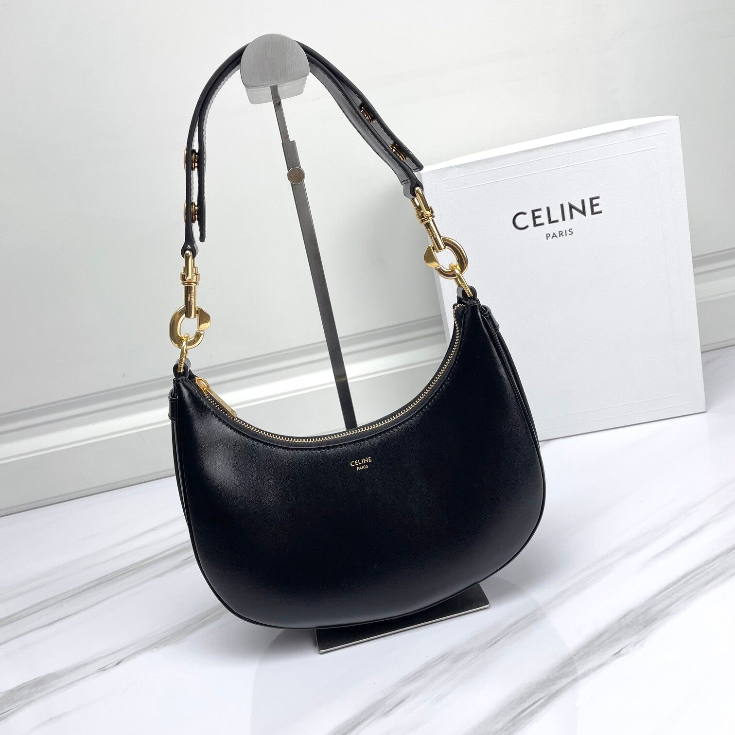 Celine Black Smooth Leather Ava Zip Hobo Crescent Shoulder Bag