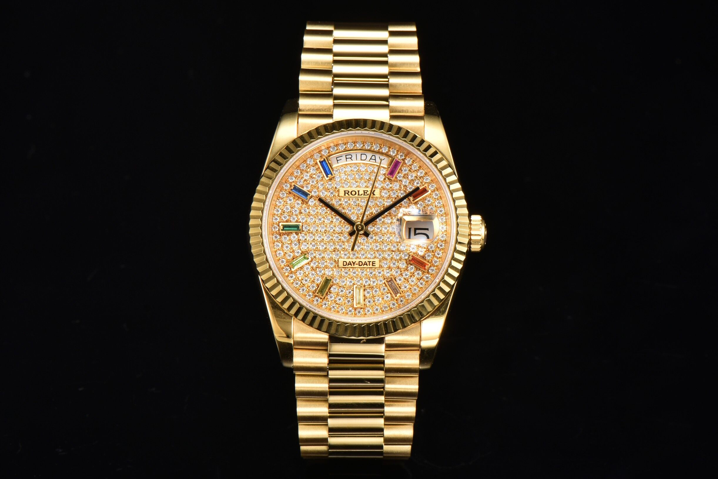 Rolex Rolex Day-Date 18K Yellow Gold Paved Diamond Dial Rainbow Baguette Markers Fluted Bezel President Br