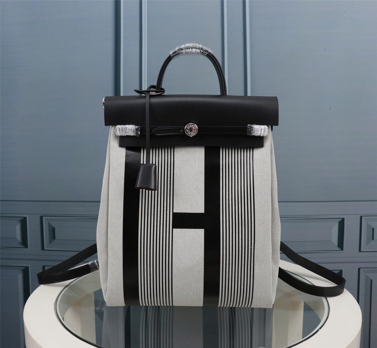 Hermès Black White Striped Canvas & Black Leather Herbag Convertible Backpack