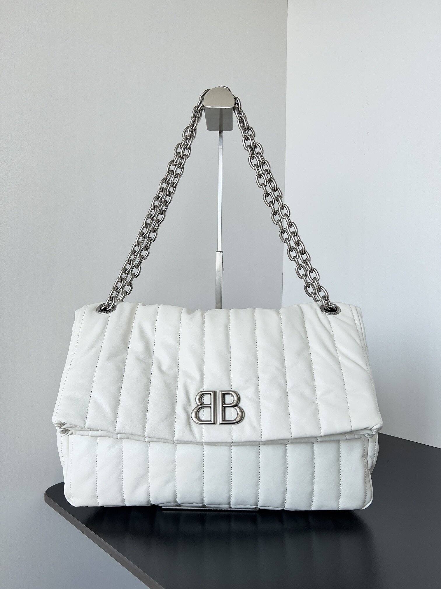 Balenciaga White Vertical Quilted BB Logo Thick Chain Flap Large Shoulder Bag