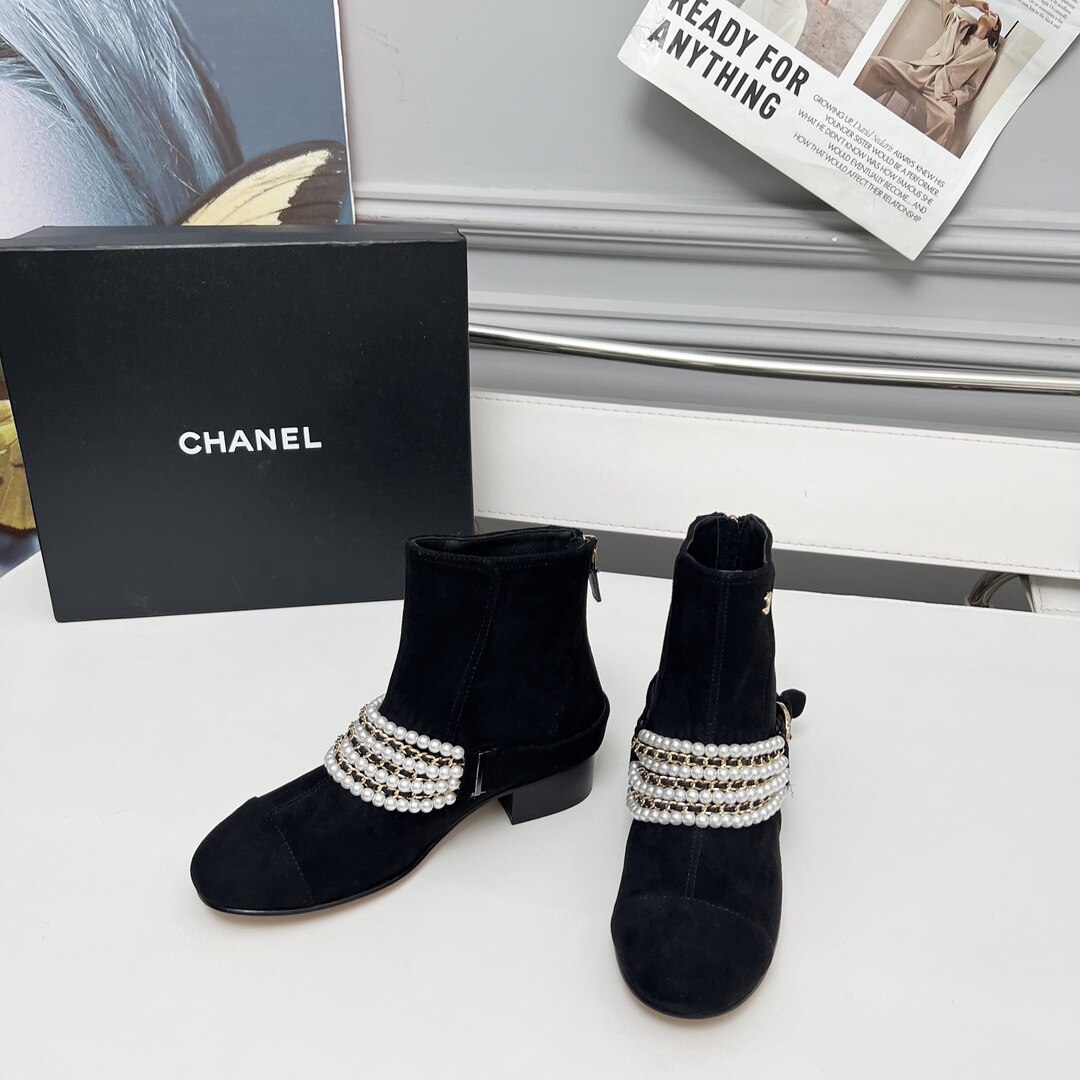 Chanel Black Suede Multi-Layer Pearl Chain Low Heel Back Zip Ankle Boots