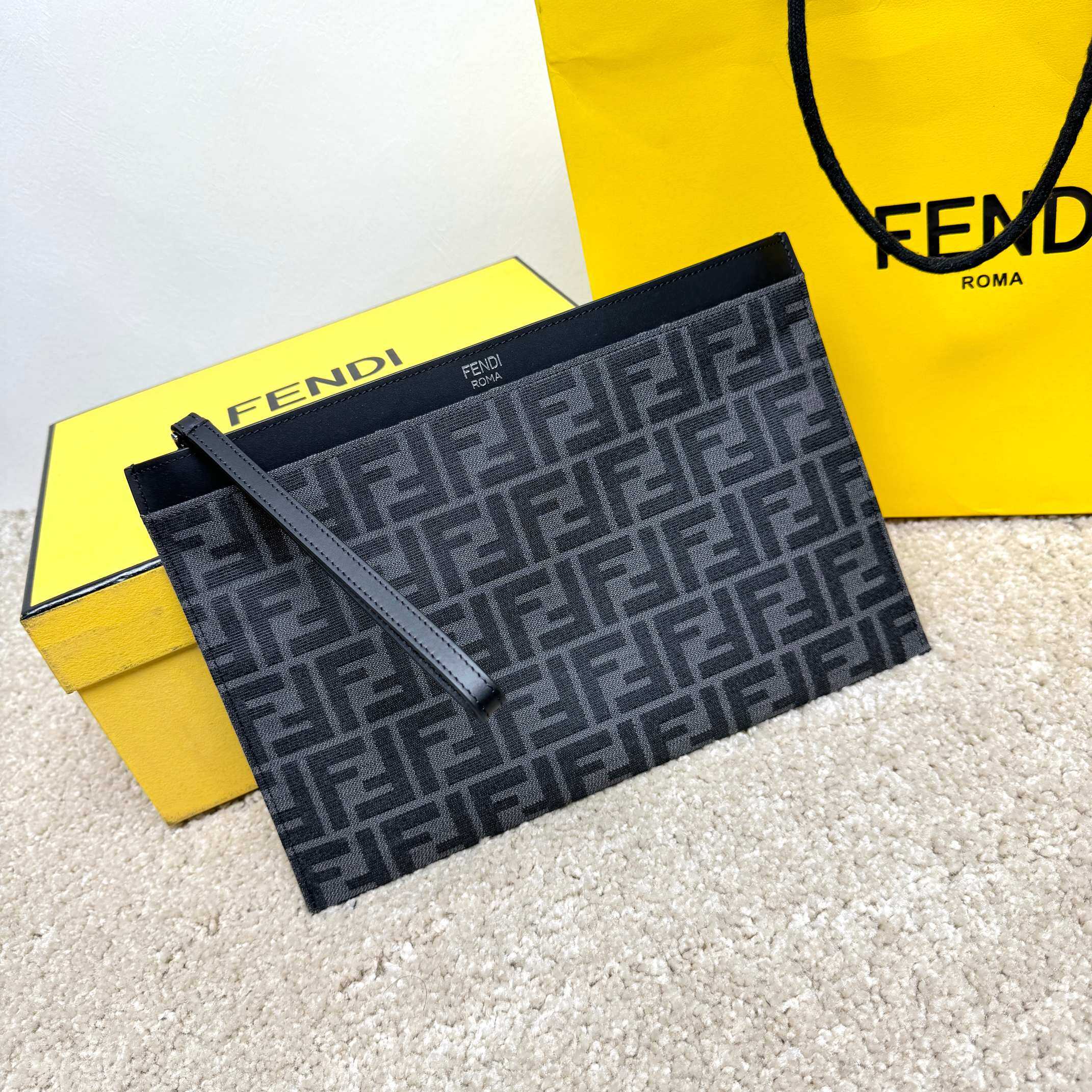 Fendi FF Jacquard Grey Black Zip Clutch Pouch