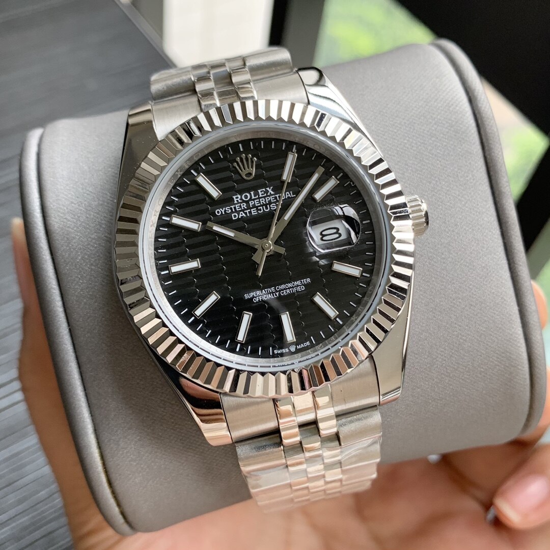 Rolex Rolex Datejust Steel White Gold Fluted Bezel Black Tapestry Dial Jubilee Bracelet Watch