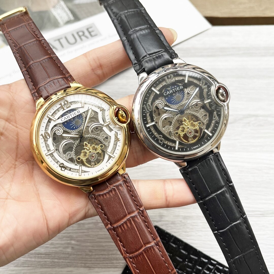 Cartier Cartier Ballon Bleu Skeleton Moon Phase Automatic Watch Alligator Leather Strap Men Watch