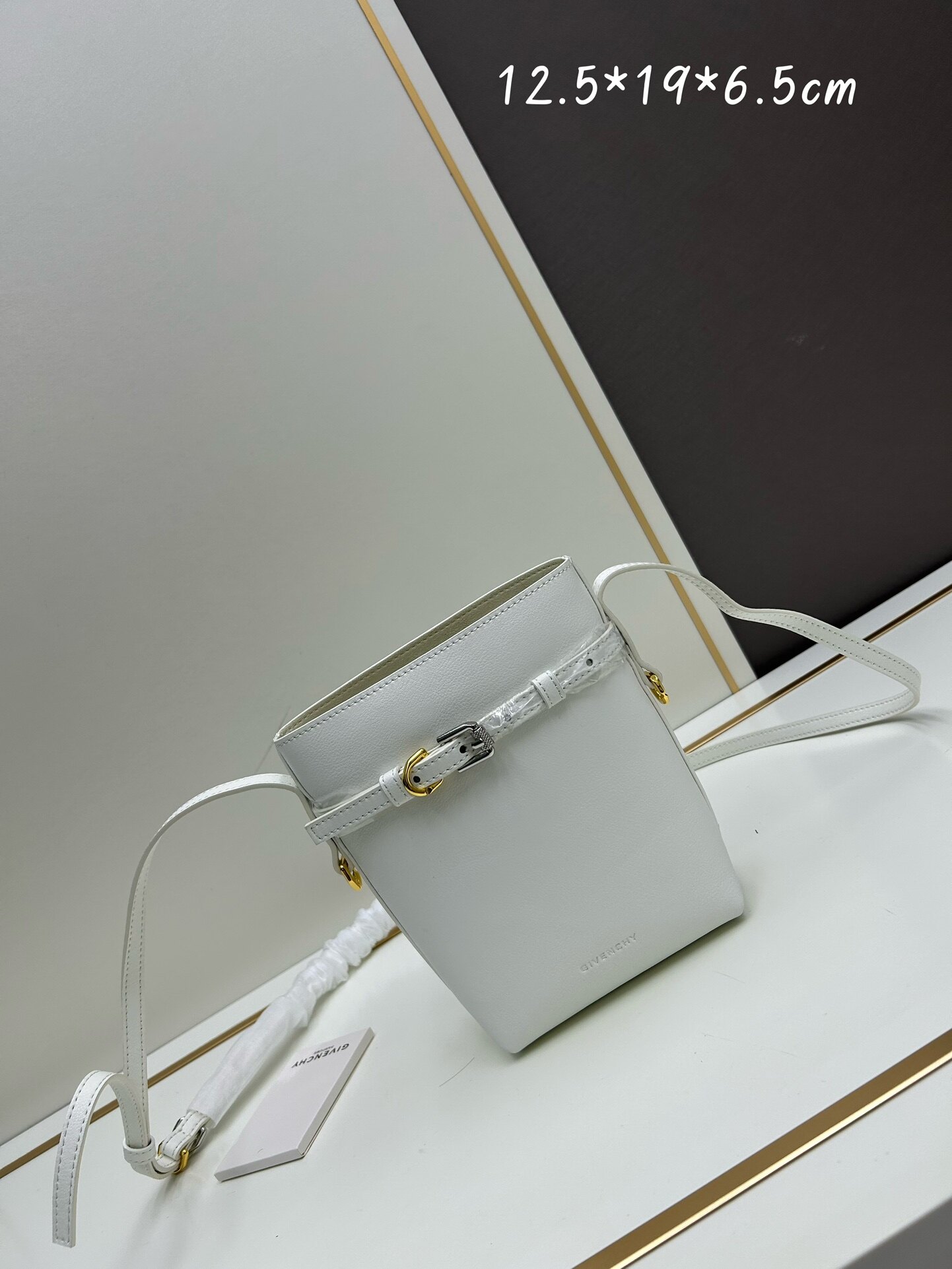 Givenchy White Smooth Leather Belt-Buckle Mini Vertical Bucket Crossbody Bag