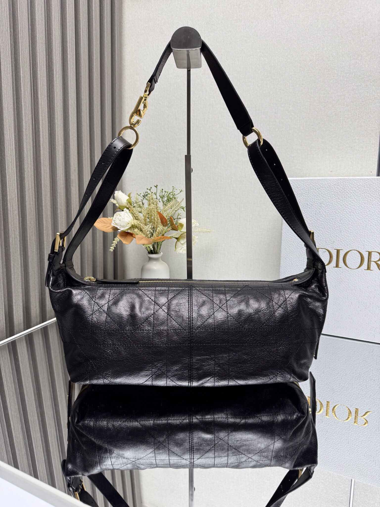 Dior Dior Black Crinkled Calfskin Cannage Caro Long Hobo Crossbody Bag