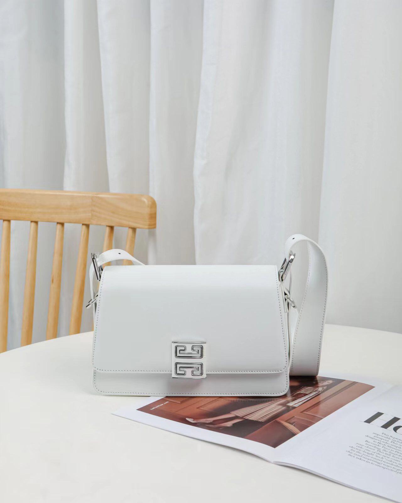 Givenchy White Smooth Leather 4G Silver Buckle Wide Strap Flap Baguette Shoulder Bag