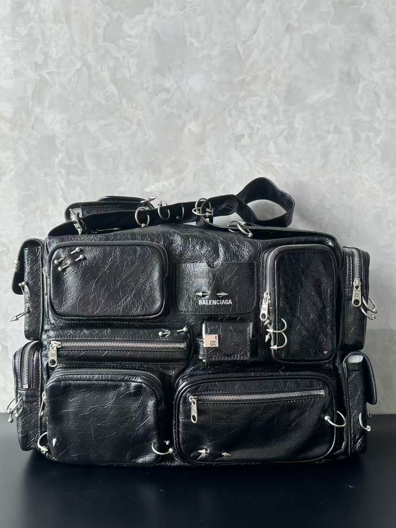 Balenciaga Black Crinkled Leather Multi-Pocket Cargo Motocross Crossbody Bag