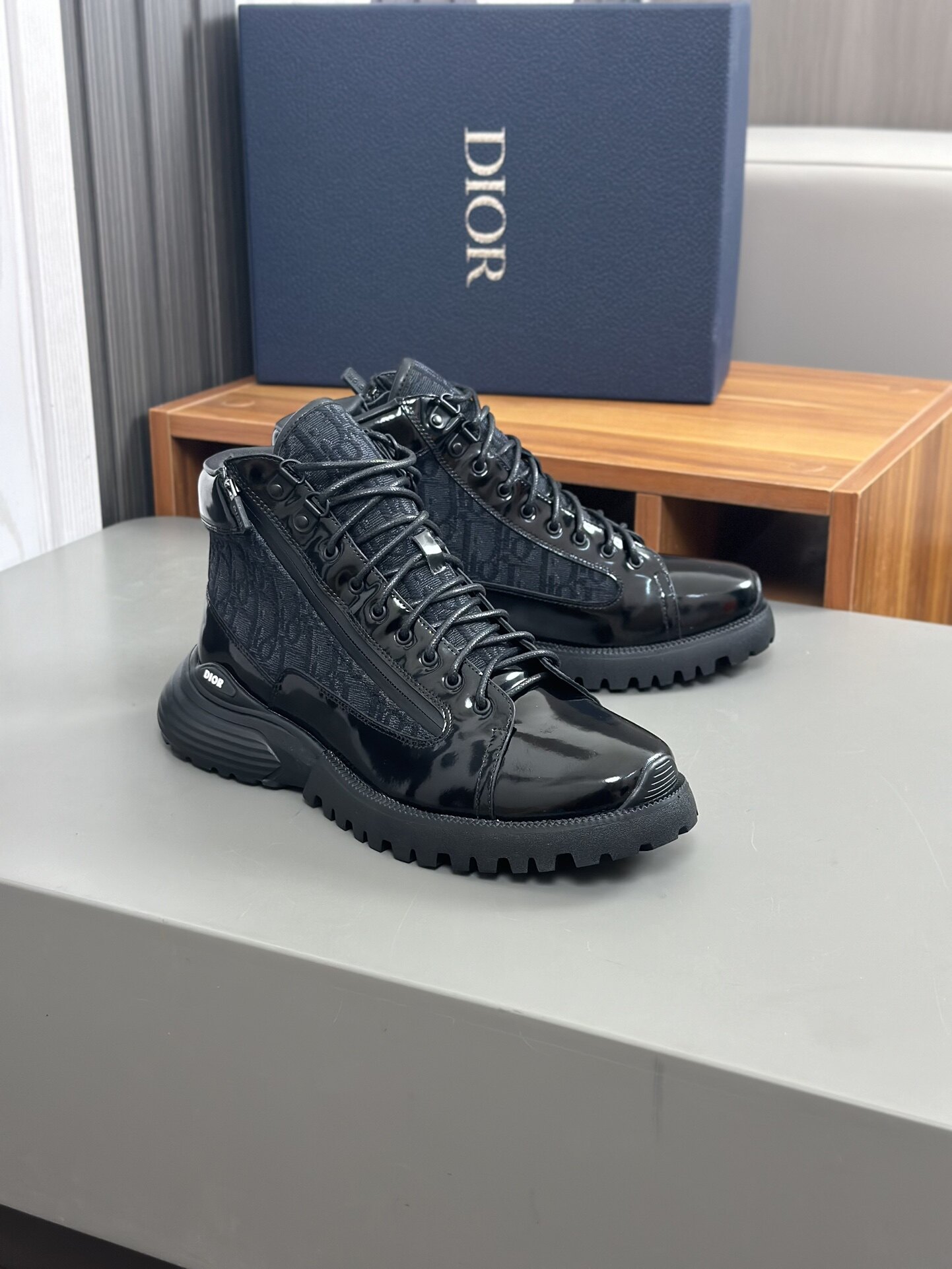 Dior Black Patent Leather Oblique Jacquard Side Zip Lug Sole Lace-Up High Top Work Boots