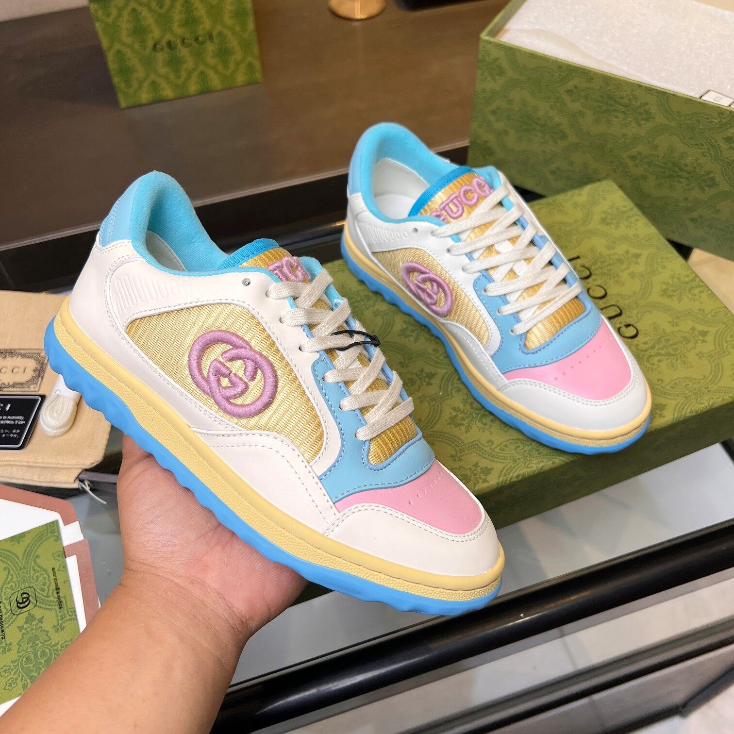Gucci Macaron Pink Blue Yellow Interlocking G Embroidery Wavy Sole Sneakers