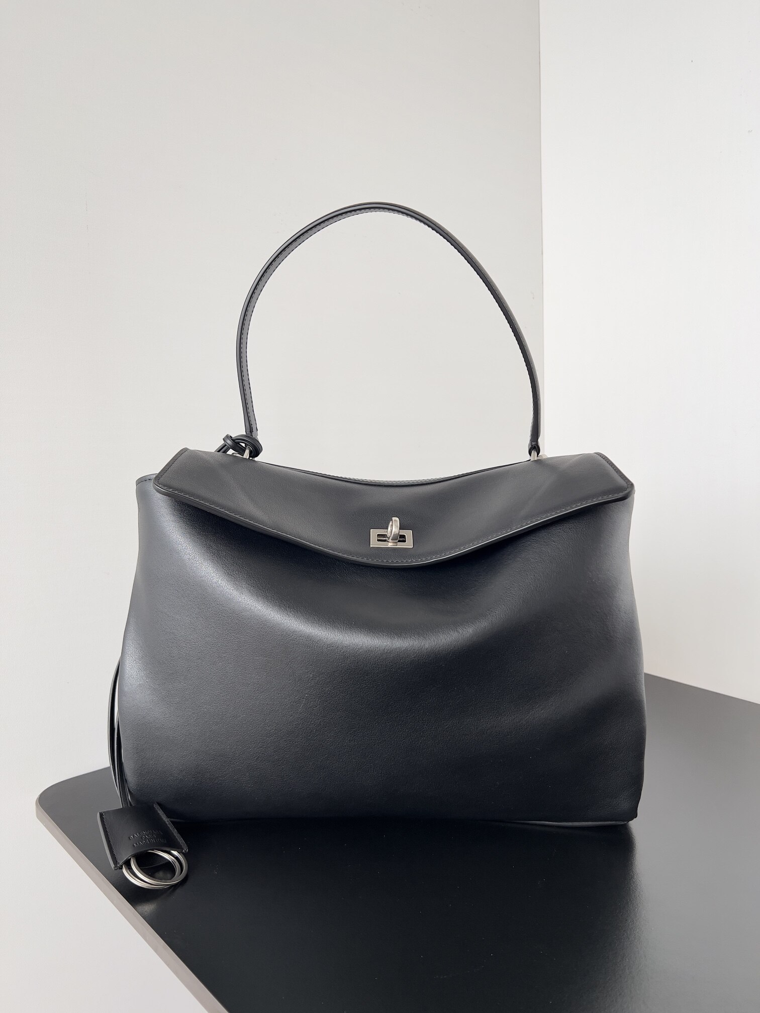 Balenciaga Black Smooth Leather Flap Silver Lock Large Capacity Shoulder Tote Bag