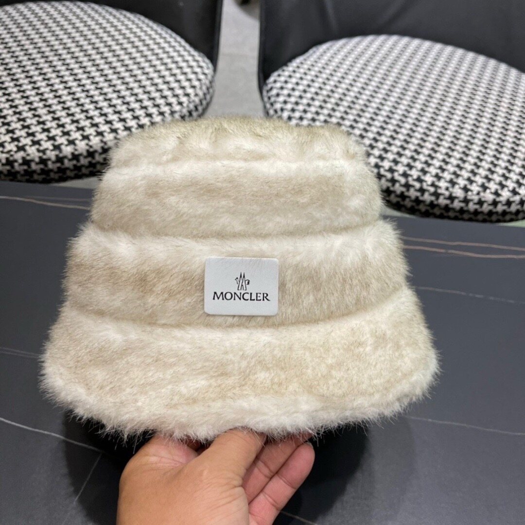 Moncler  Moncler Off‑White Fuzzy Faux‑Fur Bucket Hat