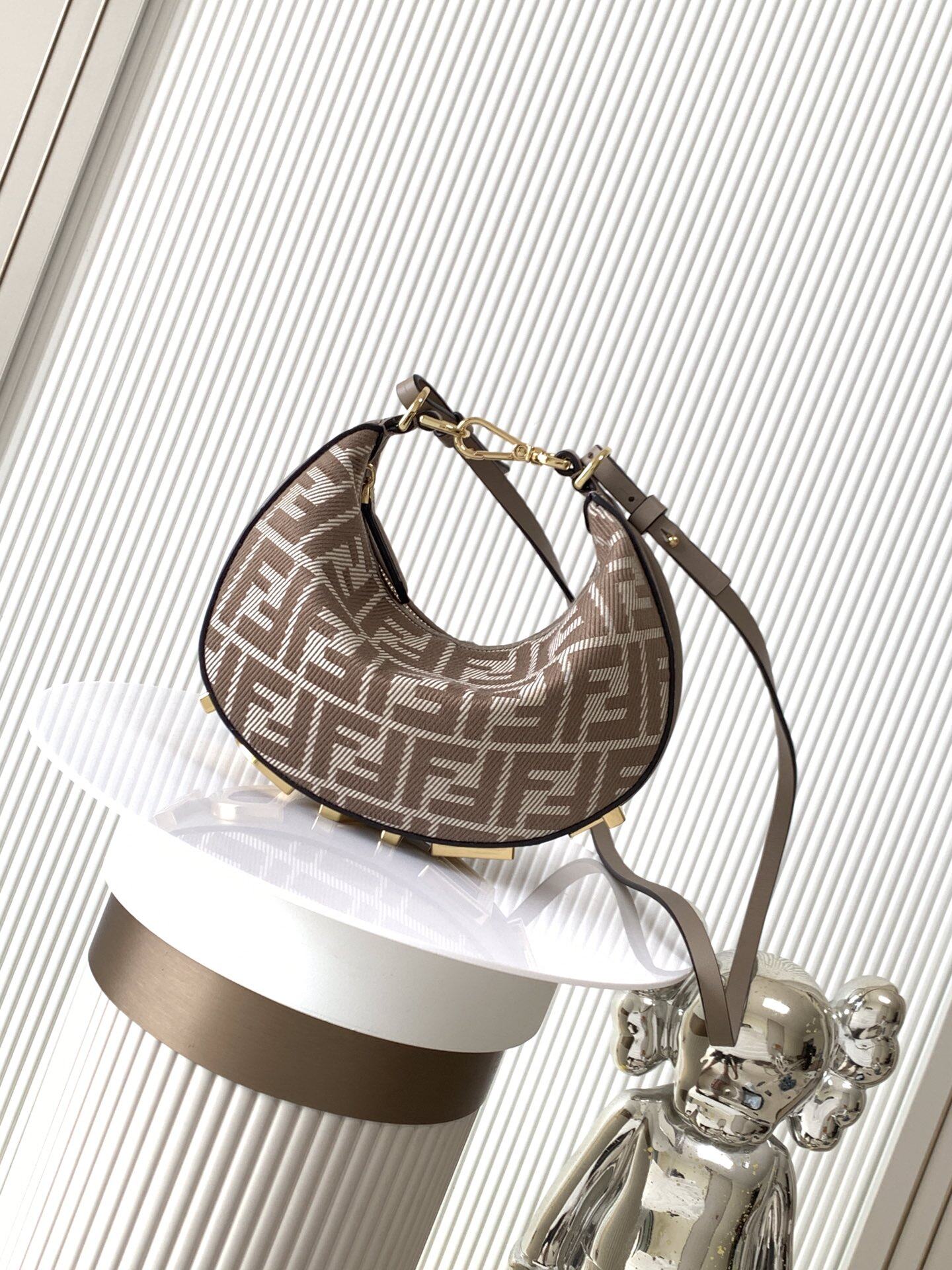 Fendi FF Jacquard Mini Crescent Hobo Shoulder Bag