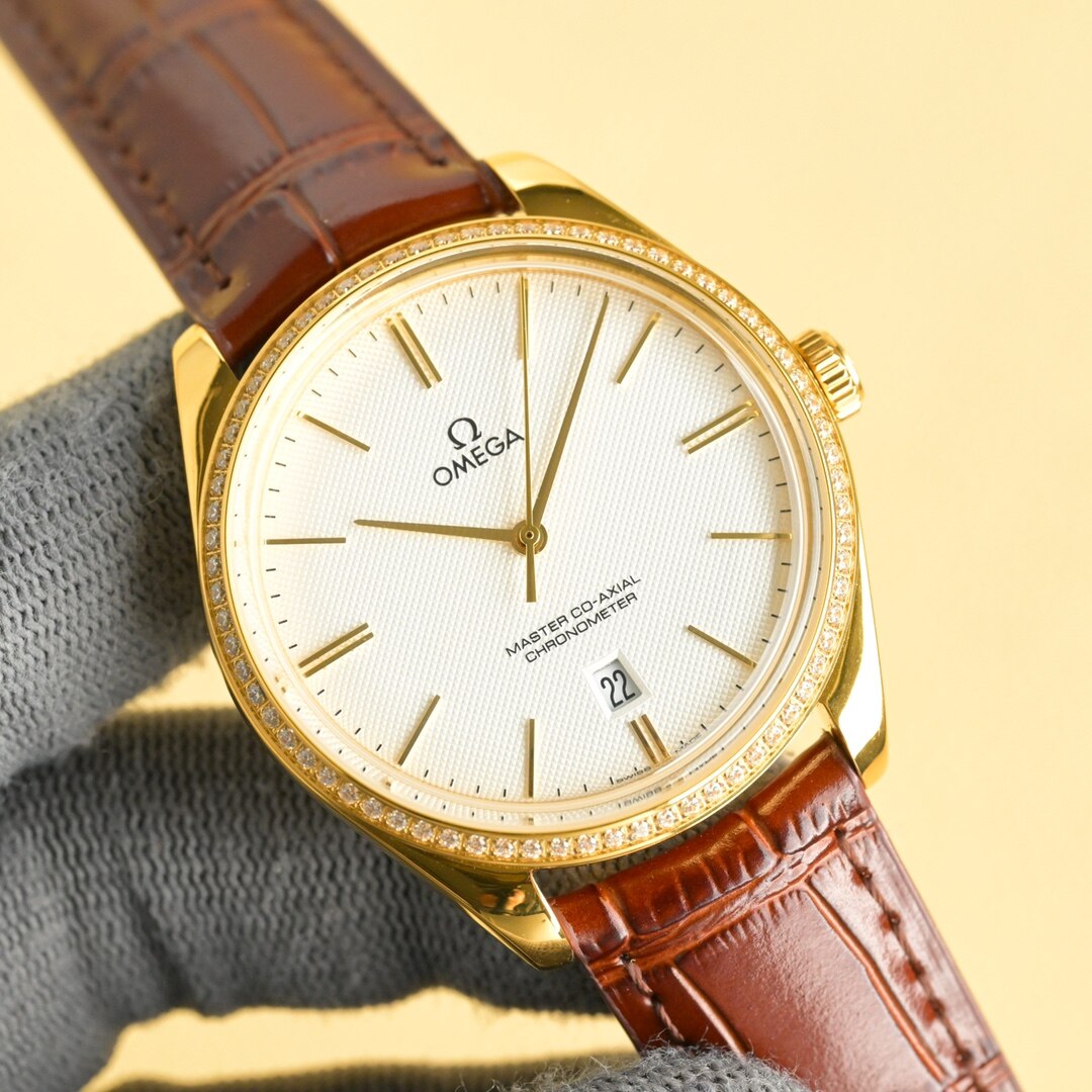 Omega Omega De Ville Yellow Gold Diamond Bezel White Dial Brown Alligator Automatic Watch