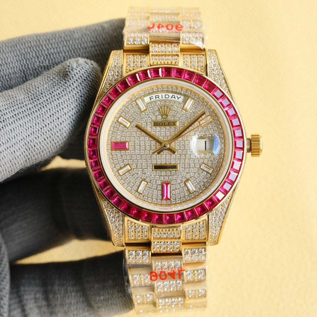 Rolex Rolex Day-Date Yellow Gold Paved Diamond Bezel Full Diamond Dial President Bracelet Watch