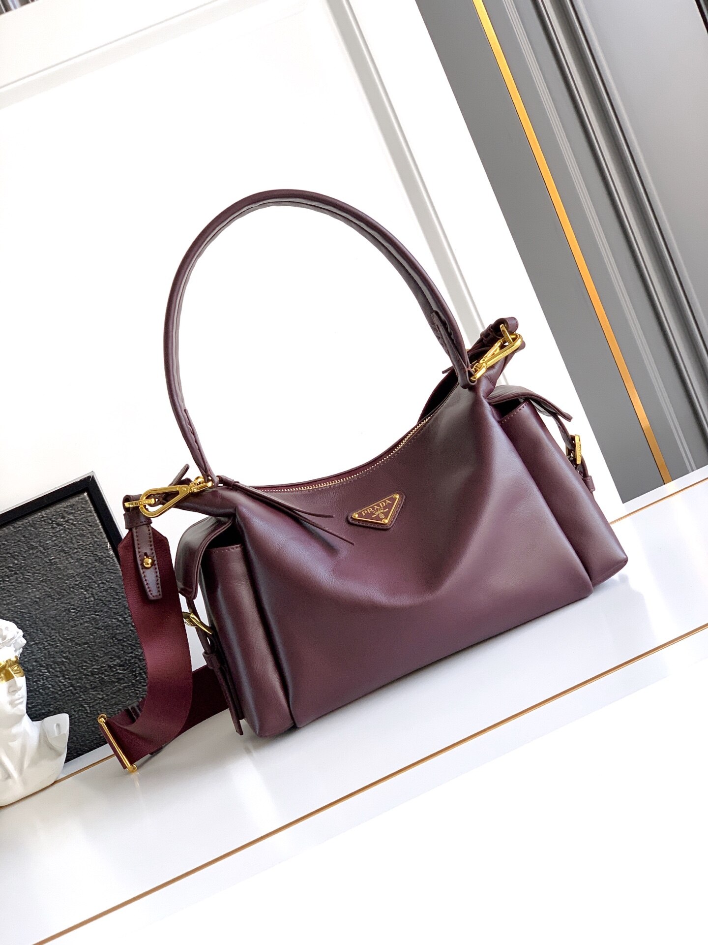 Prada Prada Burgundy Leather Triangle Logo Hobo Hand & Crossbody Bag
