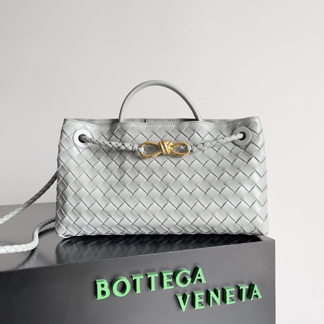 Bottega Veneta Light Grey Intrecciato Woven Andiamo Metal Knot Hand & Crossbody Bag