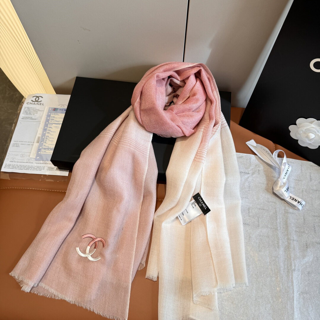 Chanel  Chanel Pink‑White Ombre CC Embroidered Fringe Scarf