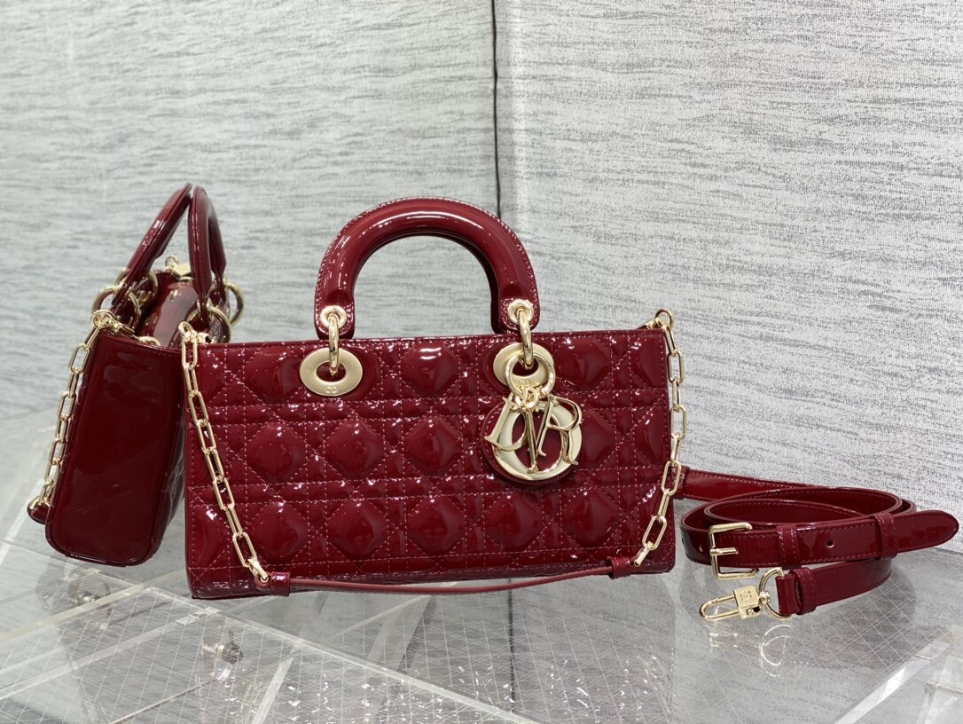 Dior  Dior Burgundy Patent Leather Horizontal Mini Lady Dior Handbag With Two Straps