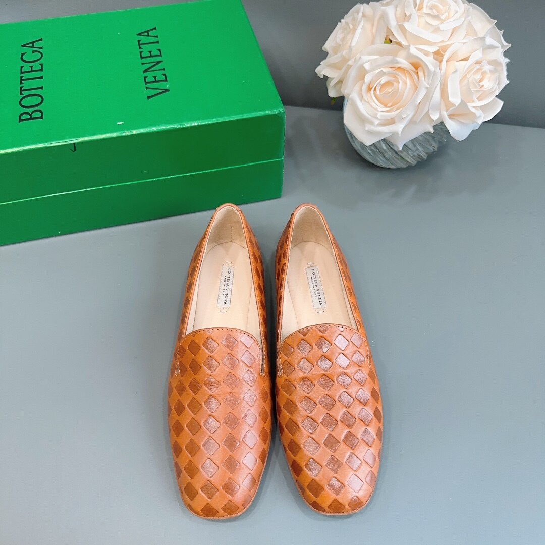 Bottega Veneta  Tan Square Embossed Leather Slip-On Flat Loafers