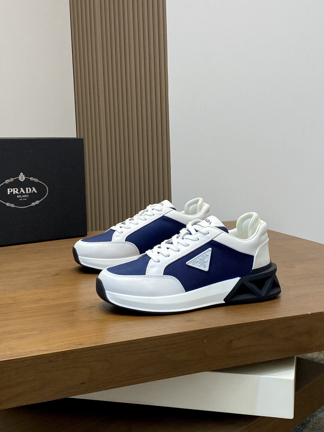 Prada  Blue & White Fabric-Leather Triangle Logo Geometric Platform Low-Top Sneakers