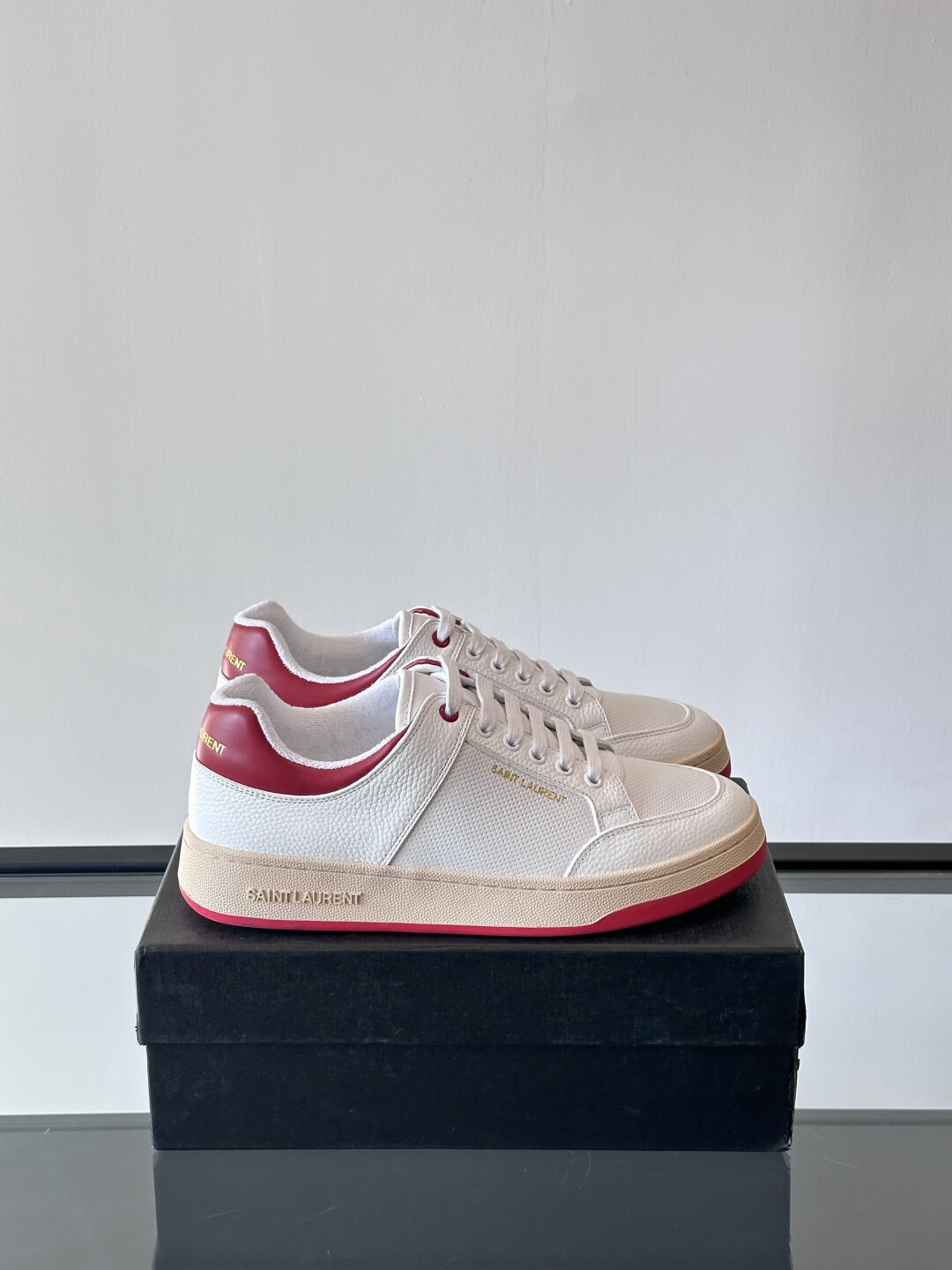 Saint Laurent  White Red Pebbled Leather Gold Letter Vintage Low-Top Flat Sneakers