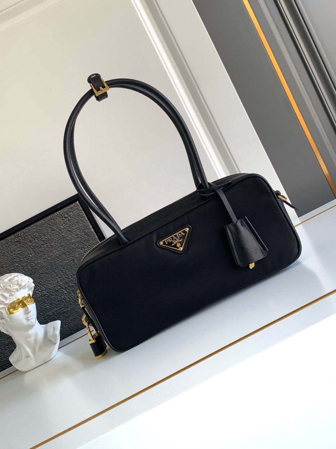 Prada Prada Black Nylon Triangle Logo Long Baguette Underarm Bag