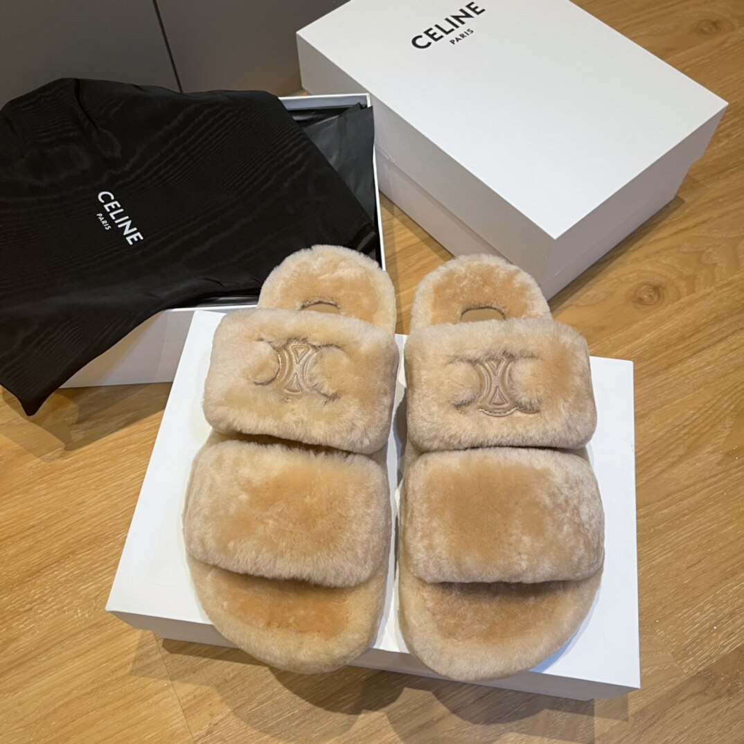 Celine  Camel Shearling Triomphe Embossed Two-Strap Furry Flat Slide Sandals