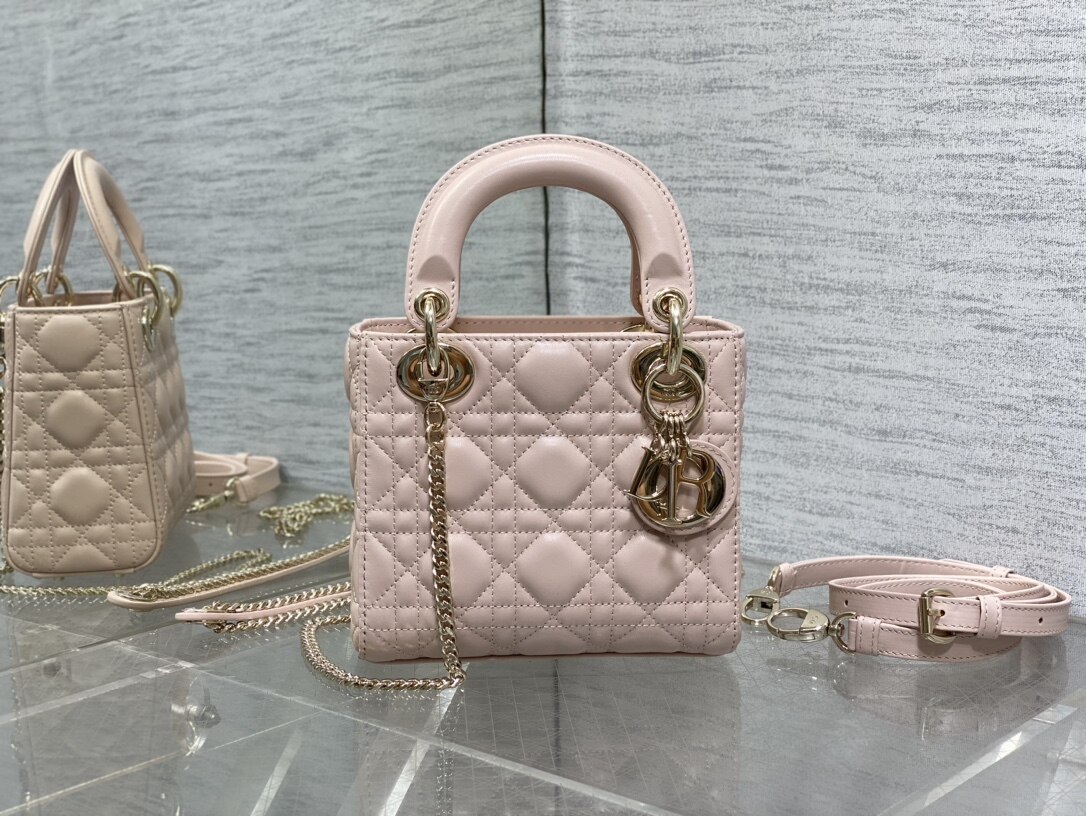 Dior Dior Light Pink Lambskin Mini Lady Dior Handbag With Two Straps