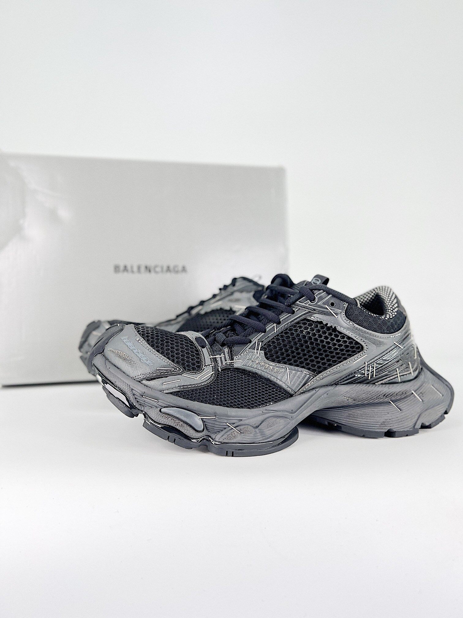 Balenciaga All Black Distressed Mesh Runner Chunky Height Boost Retro Sneakers