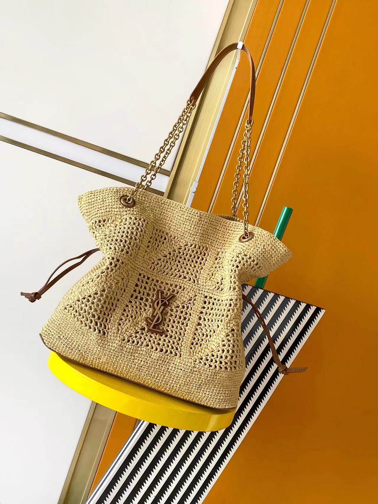 Saint Laurent Saint Laurent Natural Raffia Drawstring Chain Vacation Tote Bag