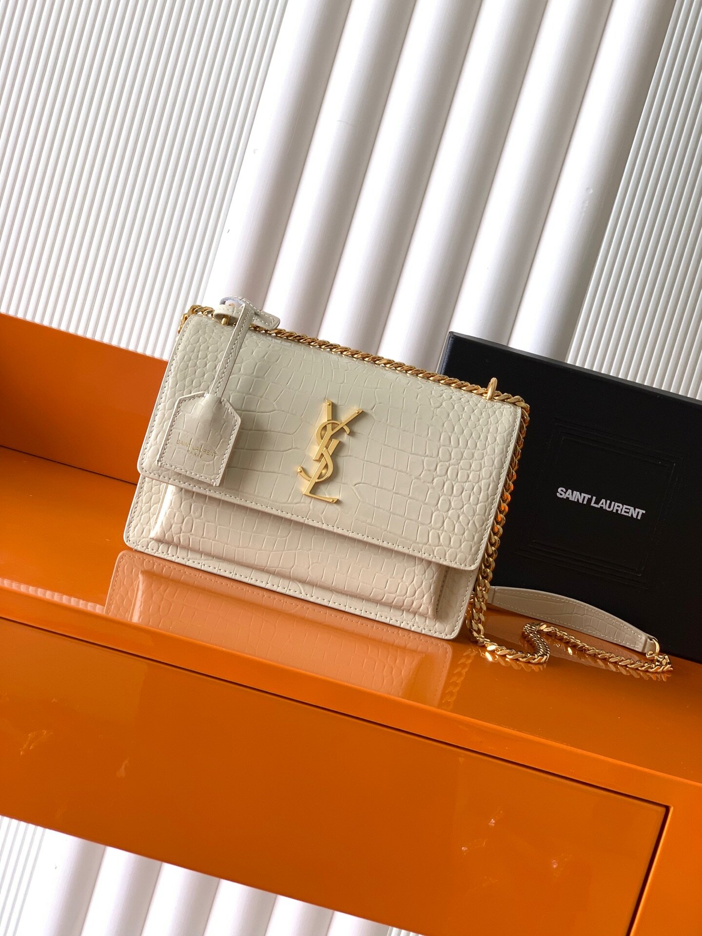 Saint Laurent Saint Laurent Off White Croc Embossed Leather Gold Logo Chain Flap Bag