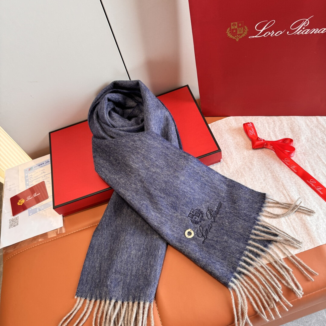 Loro Piana Loro Piana Blue Melange Embroidered Logo Cashmere Scarf